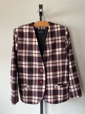 90s Vintage Collections Internationale Plaid Wool Blend Collarless Blazer Jacket